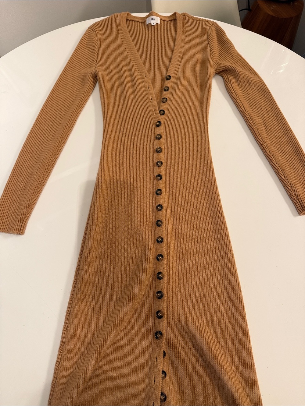 LPA Ribbed Button-Front Long Sleeve Dress in Camel